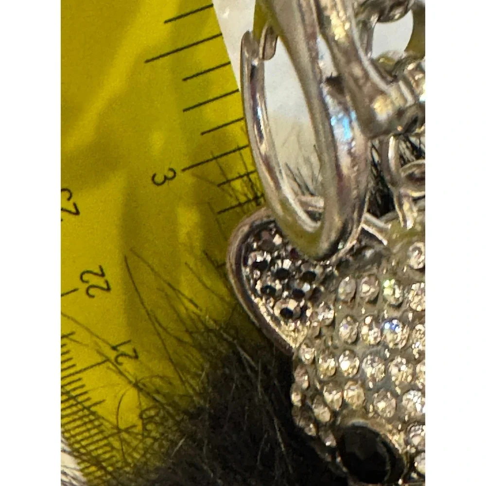 Black Faux Fur Pom Pom Bear Keychain Rhinestone Bag Charm Silver Tone Star Back